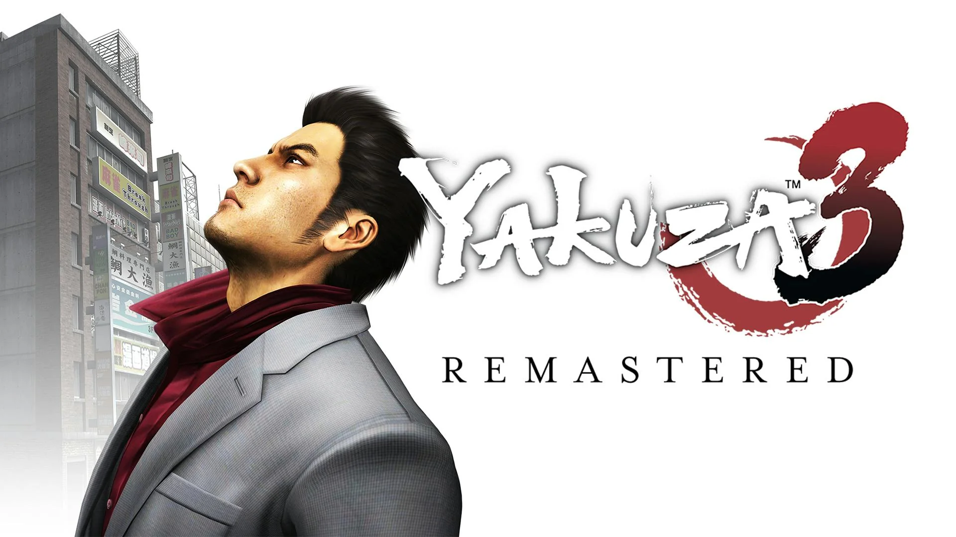 Game poster of Yakuza 3 Remastered showing a man in a white suit with red shirt looking upwards and a tall building in the background