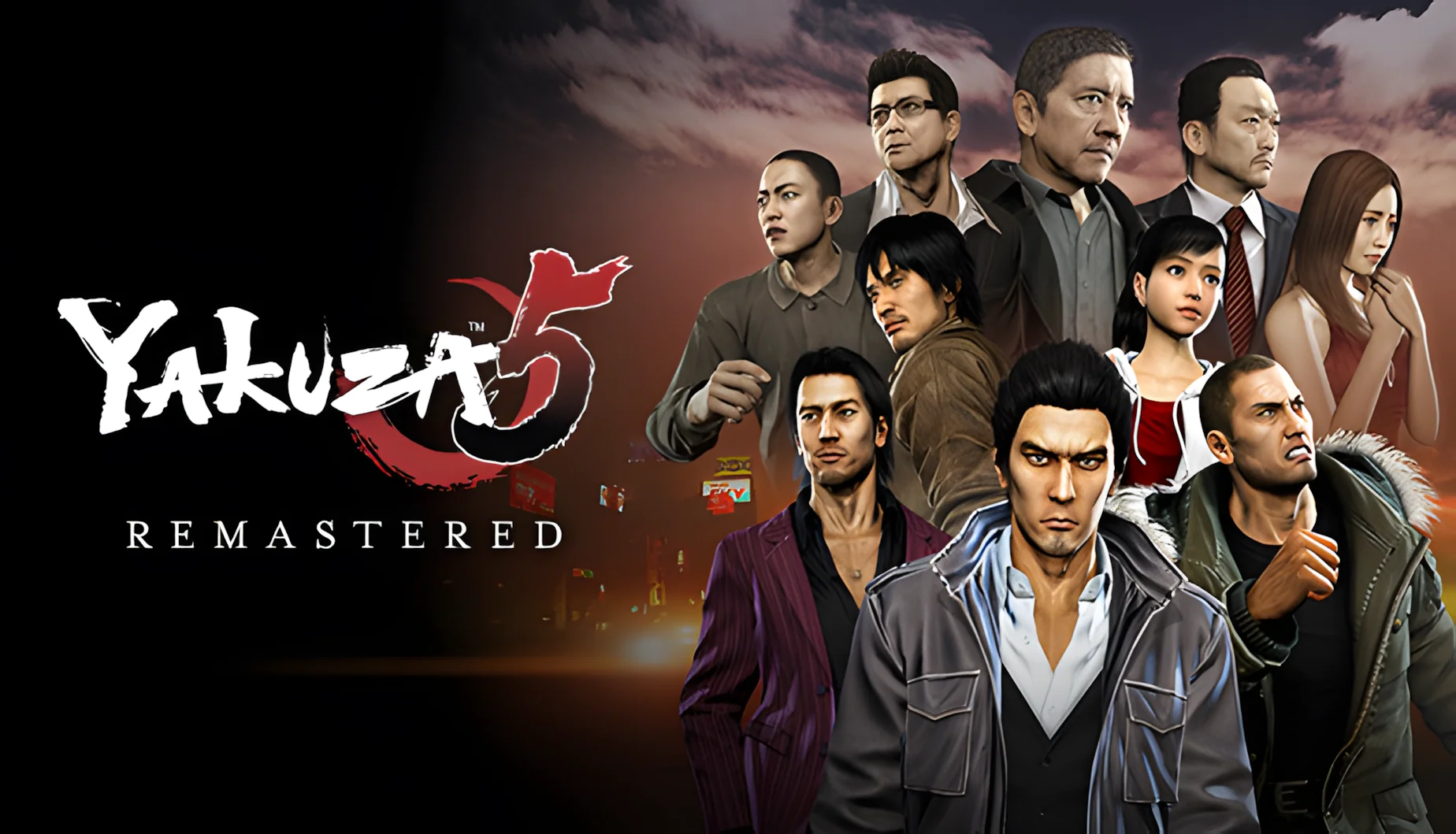 Yakuza 5 game poster showing 10 people in a group with a foggy city street behind them