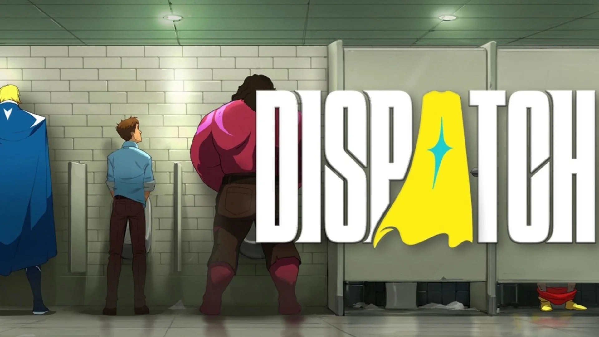 Game poster for Dispatch showing two men in hero costumes and one in an office outfit peeing in the office toilets