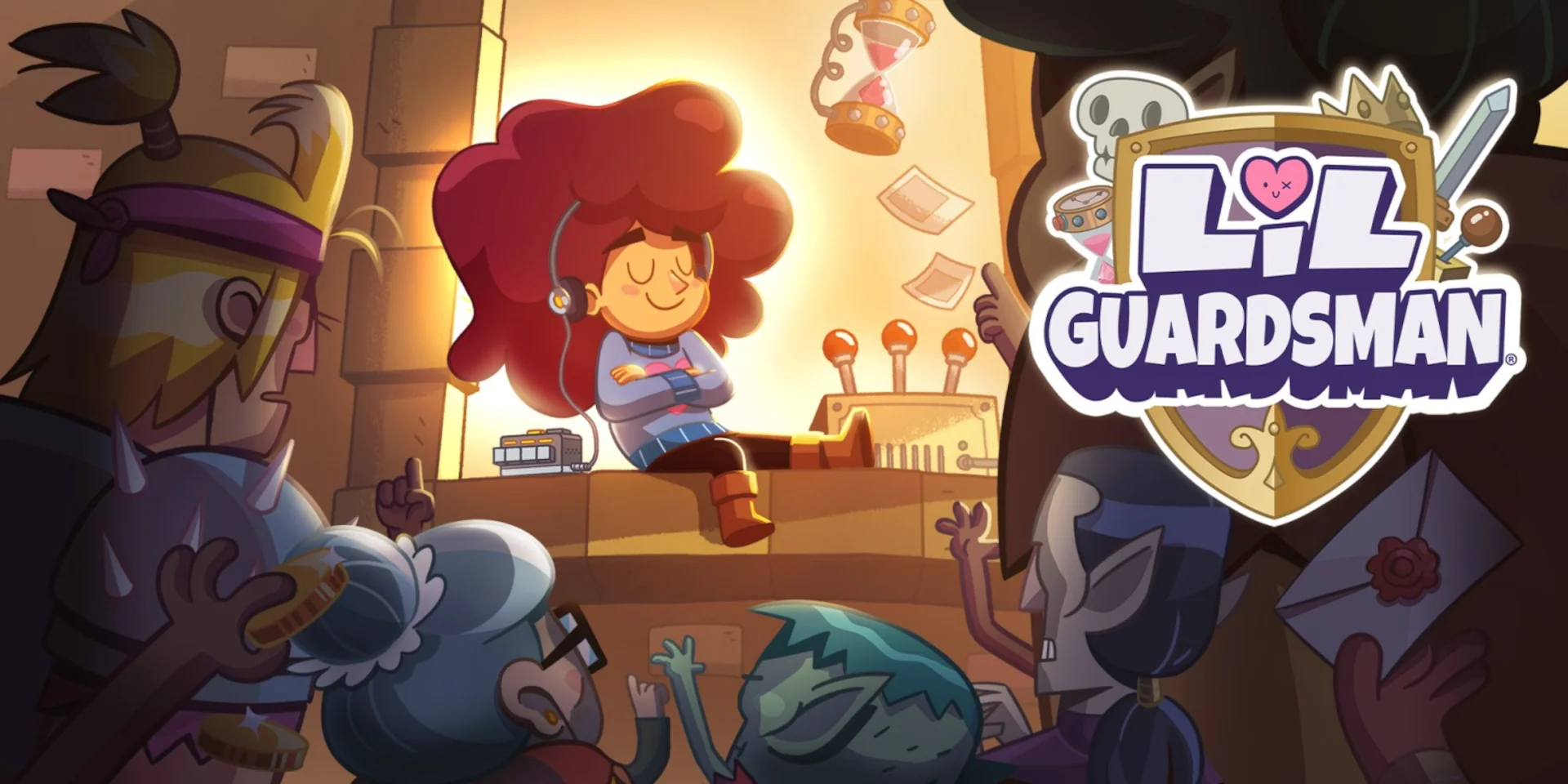 Game poster for Lil Guardsman showing a young girl with big, bushy red hair sitting in a backlit window sill and various controls around her listening to headphones and a variety of people below her trying to get her attention