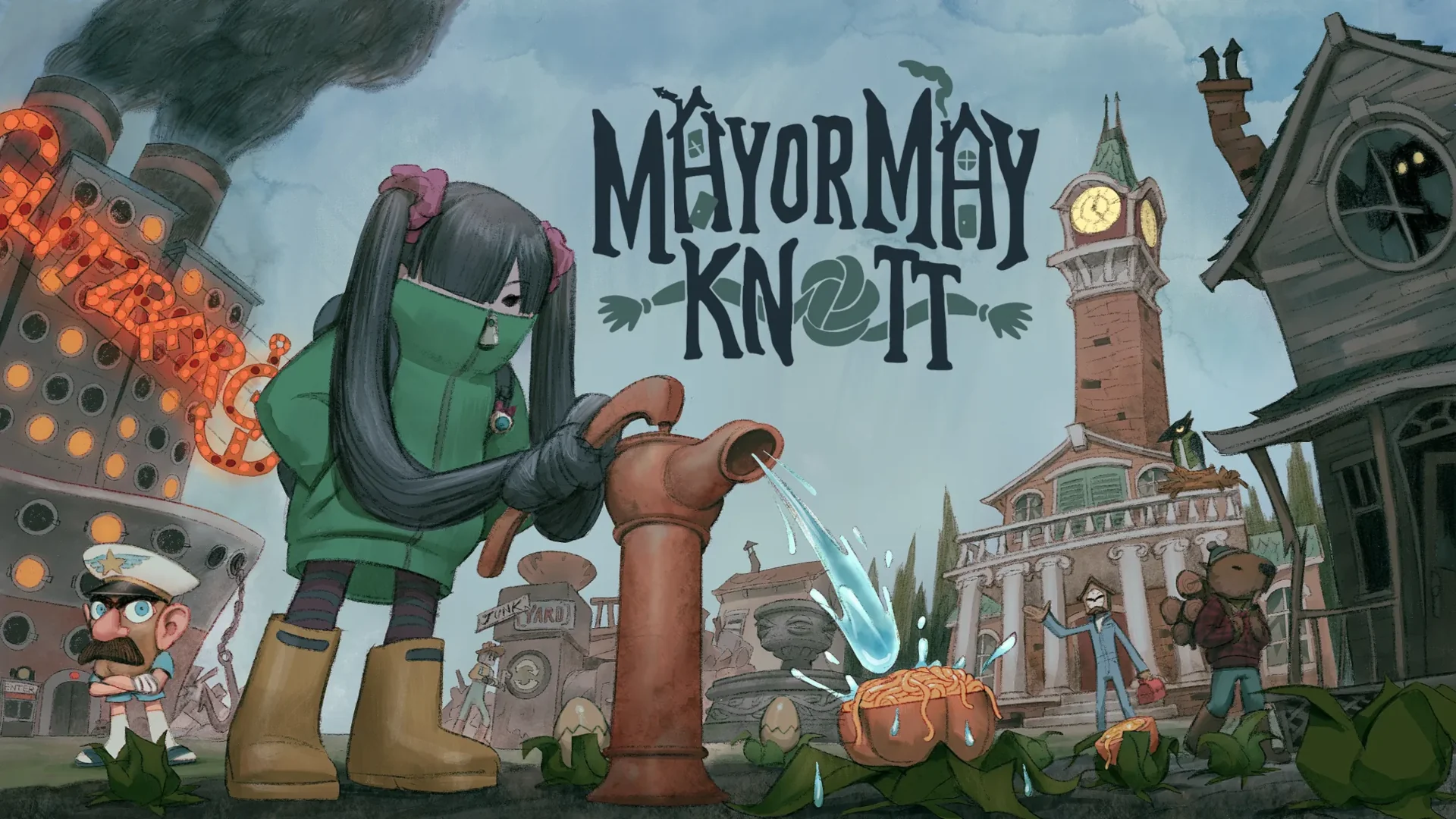 Game poster for Mayor May Knott with a young girl in a green jacket pumping water in front of a decrepit town with creatures walking around and a large ship belching black smoke