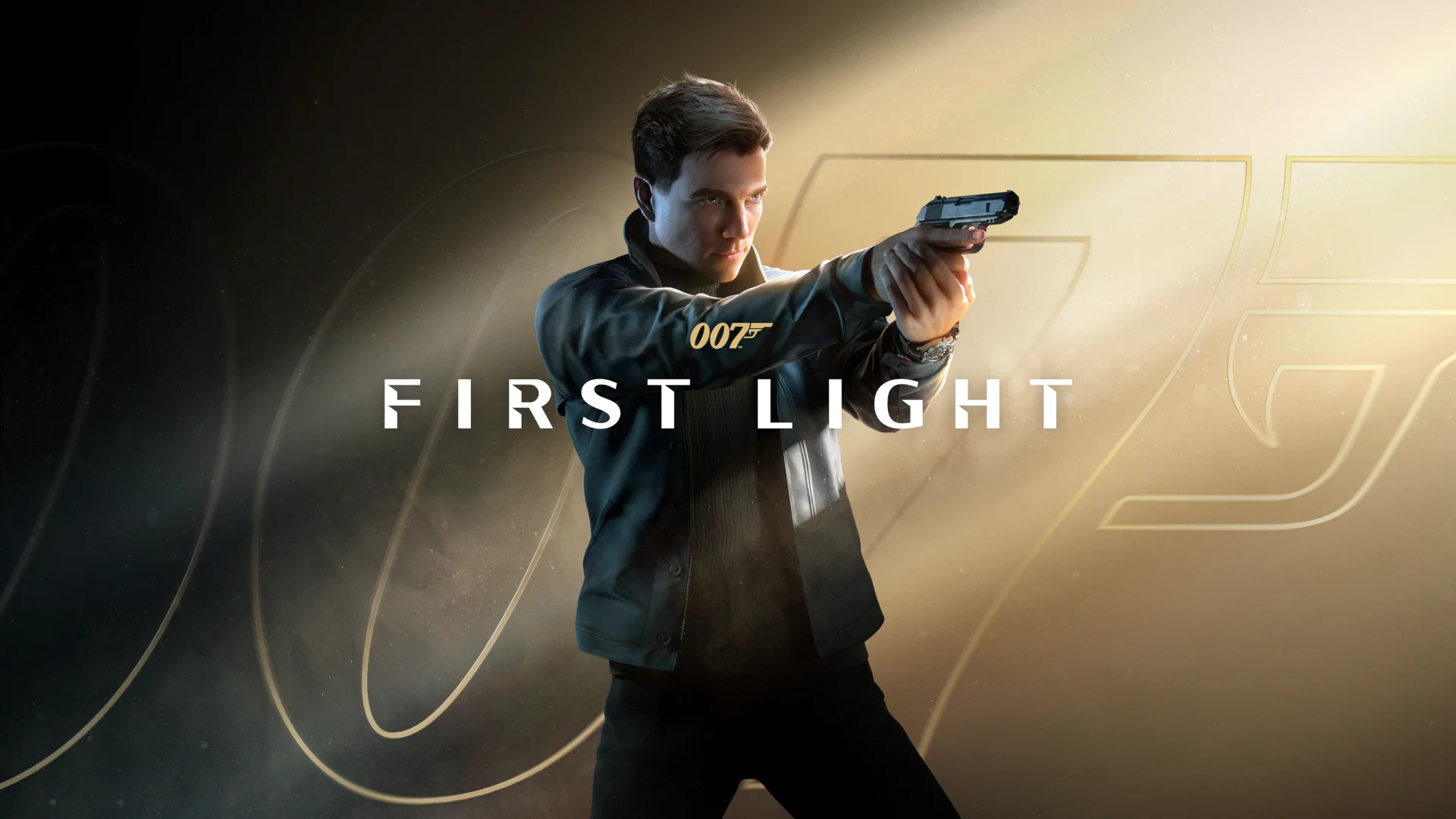 Game poster for 007 First Light showing a young James Bond in a leather jacket aiming a pistol off to the side in front of a golden gradient background saying 007