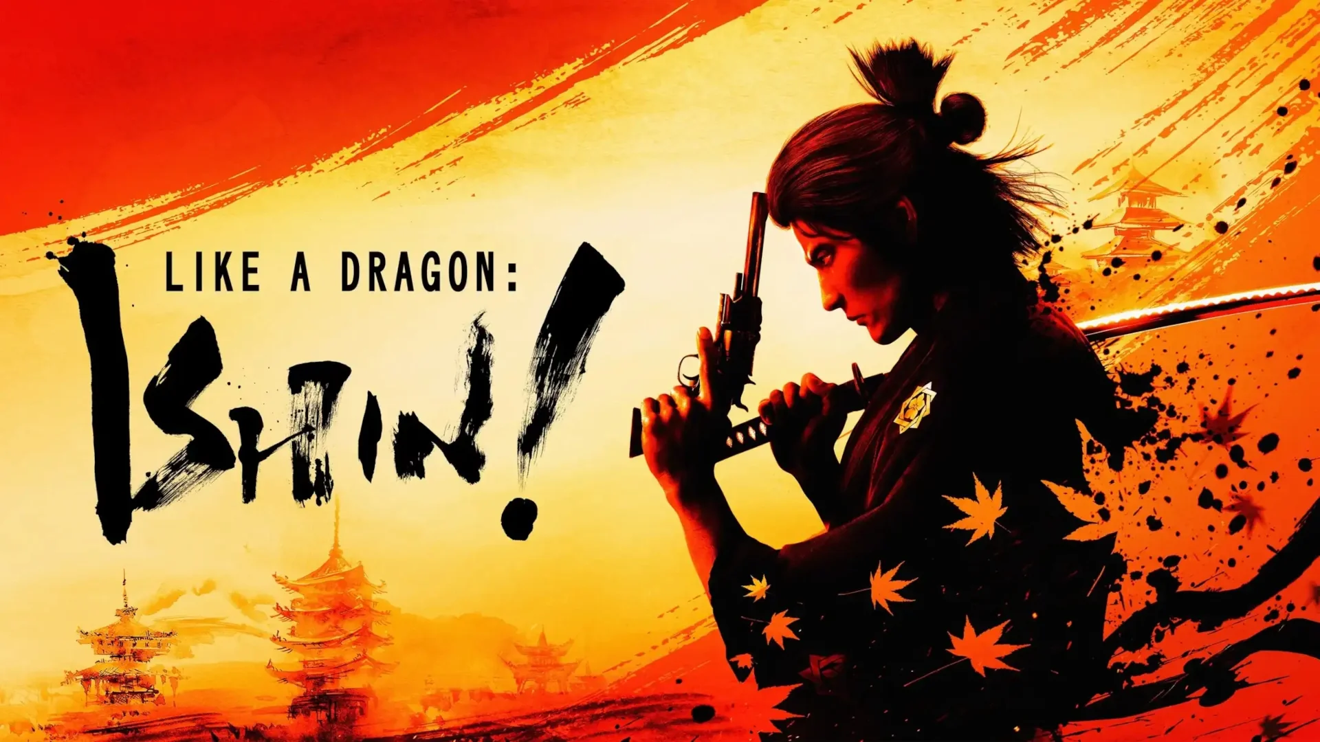 Game poster for Like a Dragon: Ishin showing a Japanese samurai holding a katana and a revolver pistol