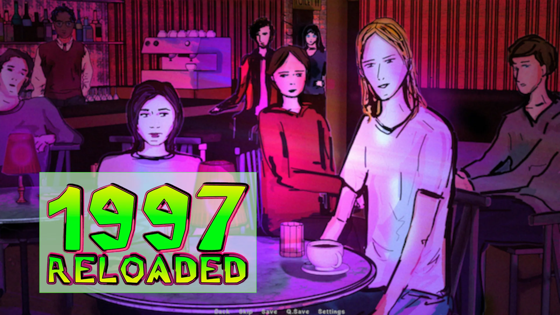 1997 Reloaded screenshot showing a group of people sitting in a dimly lit bar