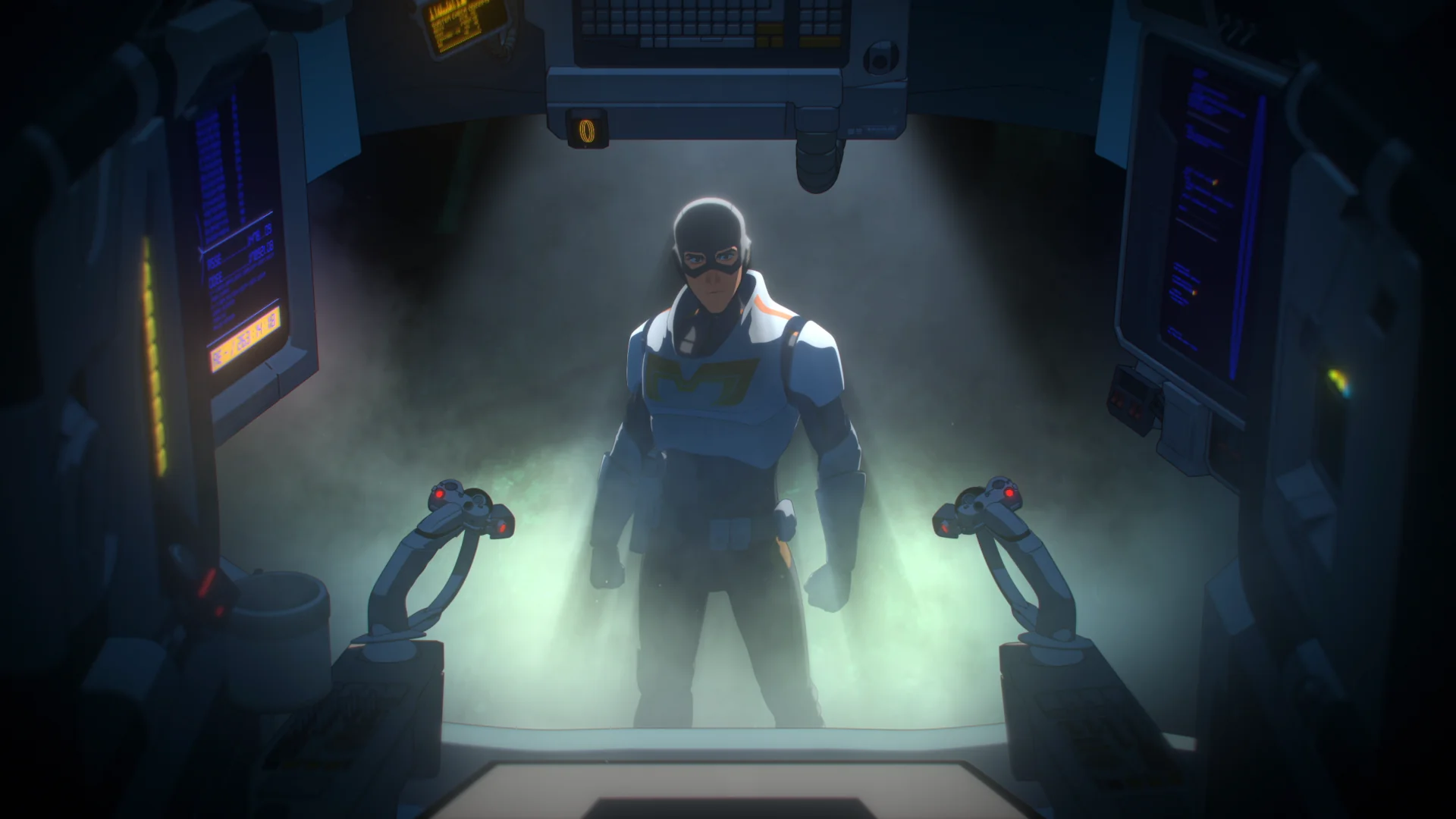 Dispatch screenshot showing a man dressed as a superhero  standing in fog in front of the inside of a mech combat suit